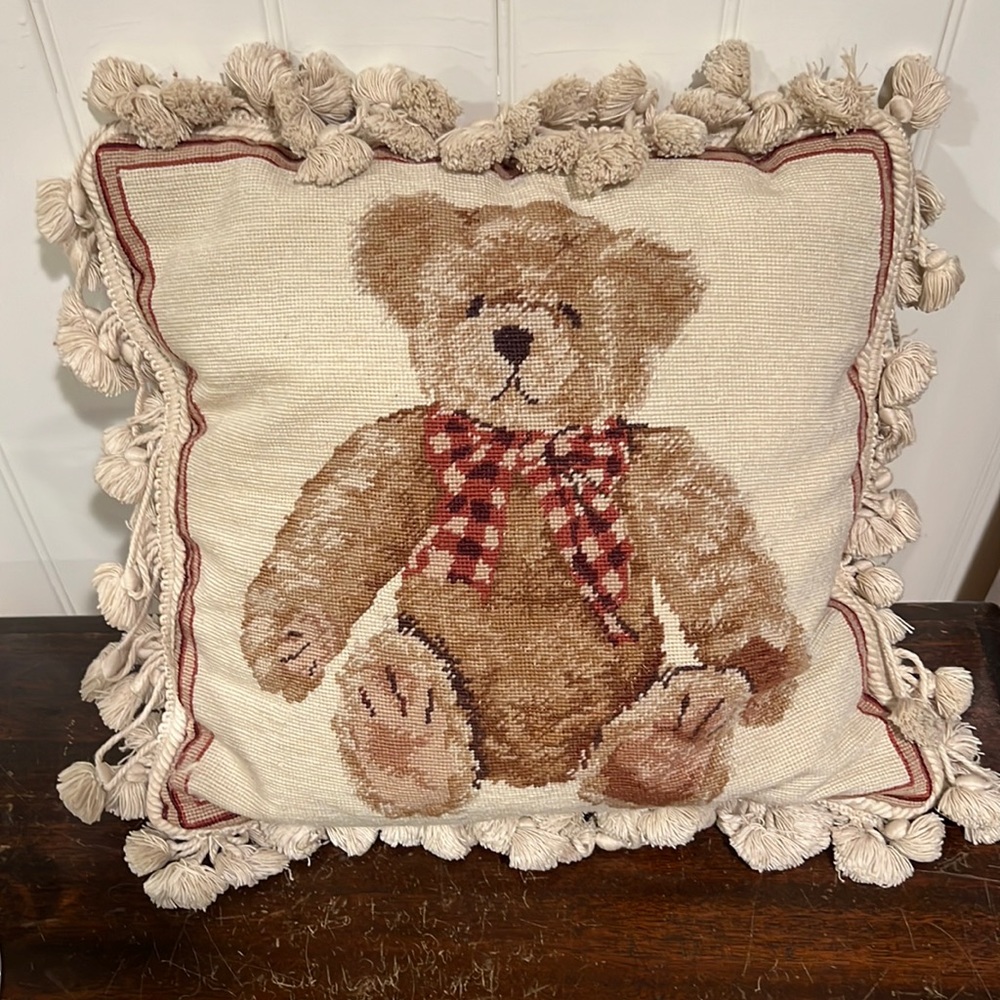 Teddy Bear 15” x 15” wool petit point needlepoint pillow with tassels.